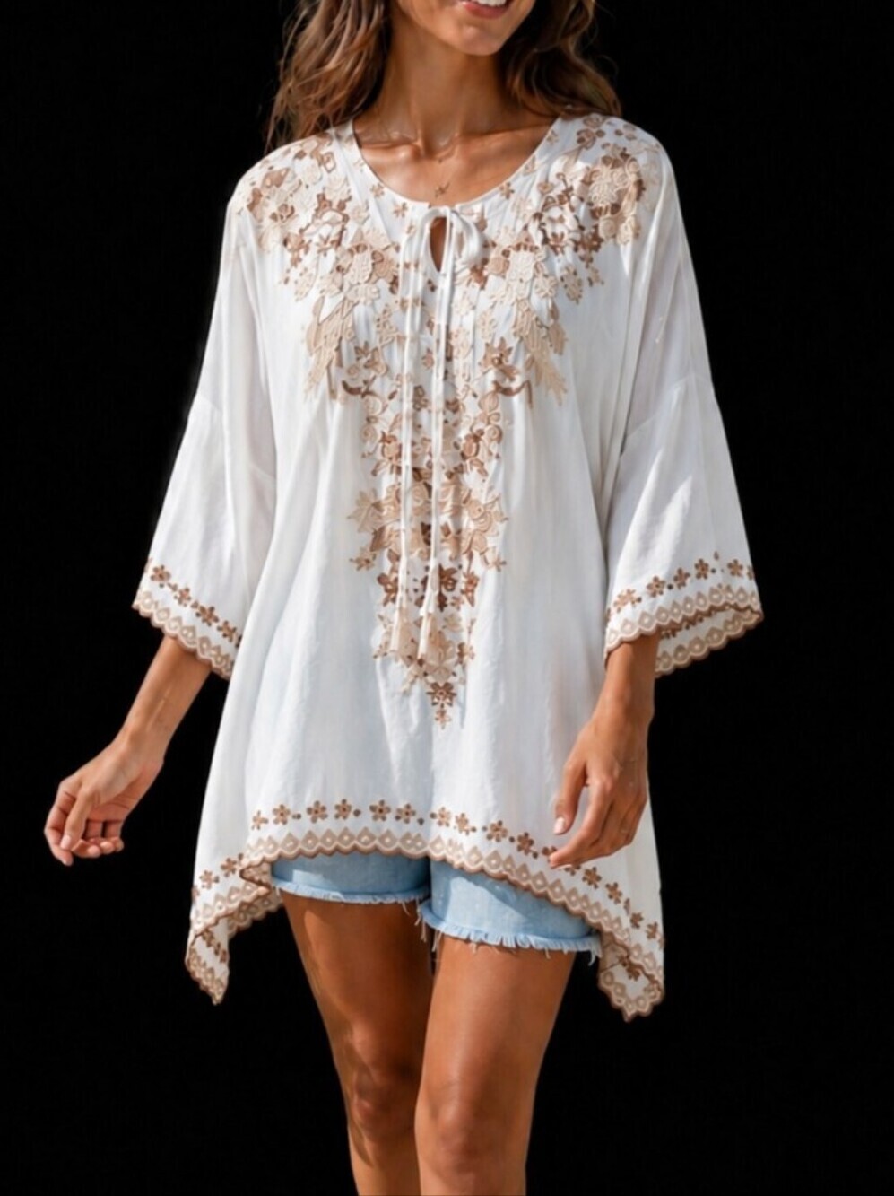 Johnny Was Embroidered Kaftan Tunic Top Detail Trim White and Beige  Size XS